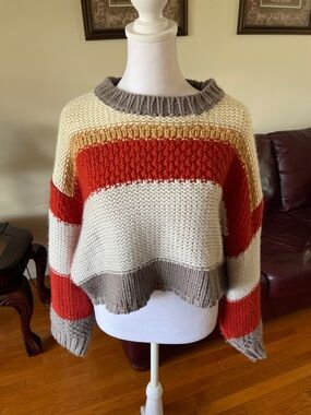 Altar’d State Chunky Knit Striped Cropped Sweater Oversized Fall L